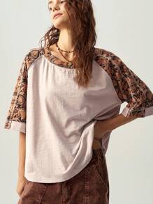 Bohemela 休闲针织圆领插肩短袖宽松大码 T 恤 - 駝色 - 查看 6