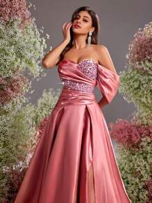 Glamrae 优雅粉色亮面缎面拼接，立体华丽亮片筒形立体垂坠袖A字裙，高侧开衩，后背可调节松紧带，婚礼宾客礼服，适合约会、度假、毕业返校季、婚礼活动、派对、晚宴礼服、派对礼服、正式礼服、晚礼服、长袍