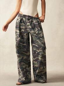 Bohemela Pantalones de mujer de pierna ancha con estampado de camuflaje, de cintura baja y bolsillos tipo cargo