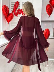SilkySpell 3pcs Lace Splice Sexy Camisole Shorts + 3D Trim Wide Sleeve Mesh Robe Set - Maroon - View 2