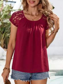 EMERY ROSE Women's Solid Color Lace Patchwork Short Sleeve Simple Casual Shirt - Burgundy - View 4
