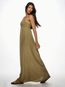 MISSGUIDED Ruched Bust Empire Waist Linen Maxi Dress Resort Vacation Sleeveless Summer Beach Evening Garden Party Wedding Guest Boho Sundress Christmas - Green - View 5