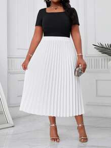 SHEIN Lady 春夏优雅通勤办公婚礼鸡尾酒会白色编织褶皱中长加大码半身裙 - 米色 - 查看 5