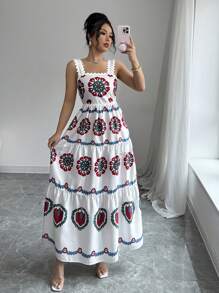 Breezaya 女装春夏休闲沙滩度假撞色复古印花蕾丝装饰无袖大码多层拼接连衣裙