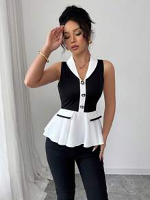 Elenzga V-Neck Embroidered Fabric Sleeveless Vest For Women, Suitable For Spring  | ChicGrl