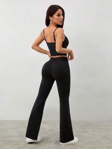 SHEIN PETITE Bộ đồ hai mảnh bó ren đen mùa hè + quần ống loe cho nữ - màu đen - Xem 2