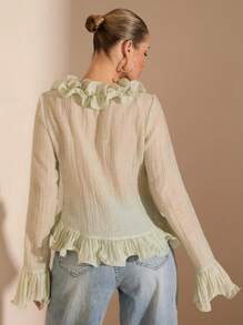 SHEIN BAE 早春女士花园派对优雅深V领长袖荷叶边轻盈透明女上衣，适合浪漫约会、闺蜜聚会、早春旅行、派对活动