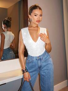 SHEIN BAE Plunging Neck Sequin Bodysuit - White - View 4