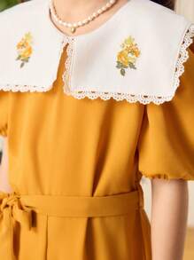 SHEIN Tween Girls Floral Print Tie Waist Romper With Short Puff Sleeves - Yellow - View 5
