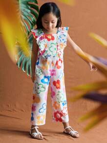 SHEIN Colorful Floral Ruffle Cute Hand-Painted Girls Jumpsuit - Multicolor - View 3