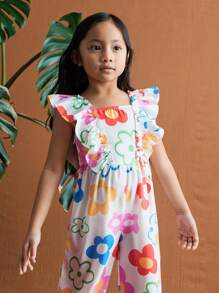 SHEIN Colorful Floral Ruffle Cute Hand-Painted Girls Jumpsuit - Multicolor - View 5