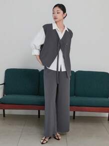 DAZY Damen Set aus einfarbiger, locker sitzender Blazer-Weste und Hose, Business-Kleidung für den Herbst