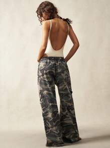 Bohemela Pantalones de mujer de pierna ancha con estampado de camuflaje, de cintura baja y bolsillos tipo cargo