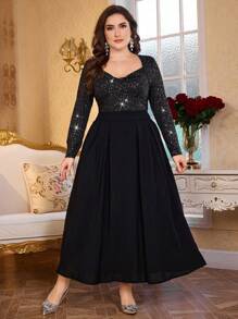 Modelyn Elegant Silver Foil Sweetheart Neck Long Sleeve Slim Fit Top And Elastic Waist A-Line Skirt 2 Pieces Set For Plus Size, Spring Autumn - Black - View 4