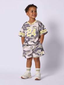 SUMWON Brooklyn Boys Camo Print Two-Piece Set Sporty Athletic Summer Casual Outfit Young Kids Streetwear Jersey Shorts Matching Set Cool Urban Squad Number Jersey - Multicolor - View 1
