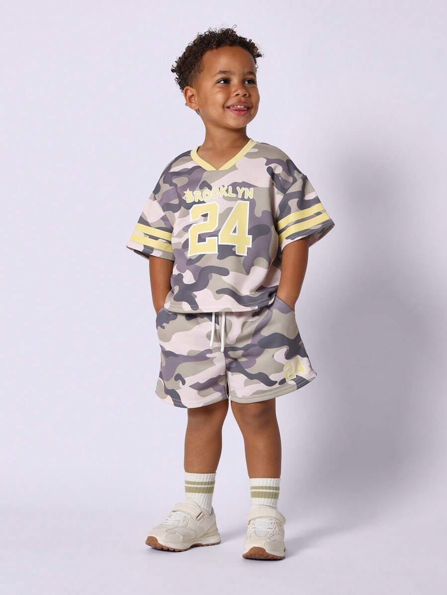 SUMWON Brooklyn Boys Camo Print Two-Piece Set Sporty Athletic Summer Casual Outfit Young Kids Streetwear Jersey Shorts Matching Set Cool Urban Squad Number Jersey - Multicolor - View 1
