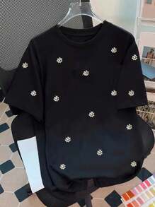 SHEIN LUNE Women's Handmade Pearl Decor Round Neck T-Shirt - Black - View 1