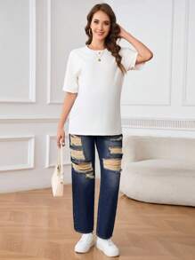 SHEIN Mulheres grávidas simples cor sólida retalhos bolso desgastado jeans casual - Lavagem escura - Ver 5
