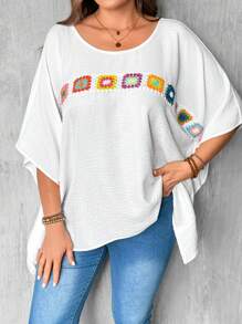 SHEIN LUNE Plus Size Women Casual Floral Pattern Crochet Patchwork Short Sleeve Round Neck Blouse - White - View 4