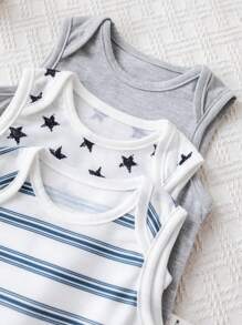 3 件套新生儿男孩可爱条纹星星印花休闲针织连体裤套装，夏季 - 彩色 - 查看 6