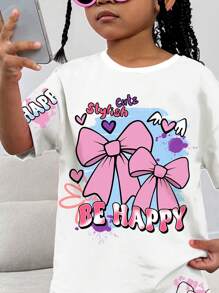 SHEIN 年轻女孩休闲蝴蝶结和涂鸦印花短袖圆领 T 恤和修身短裤 2 件套，夏季