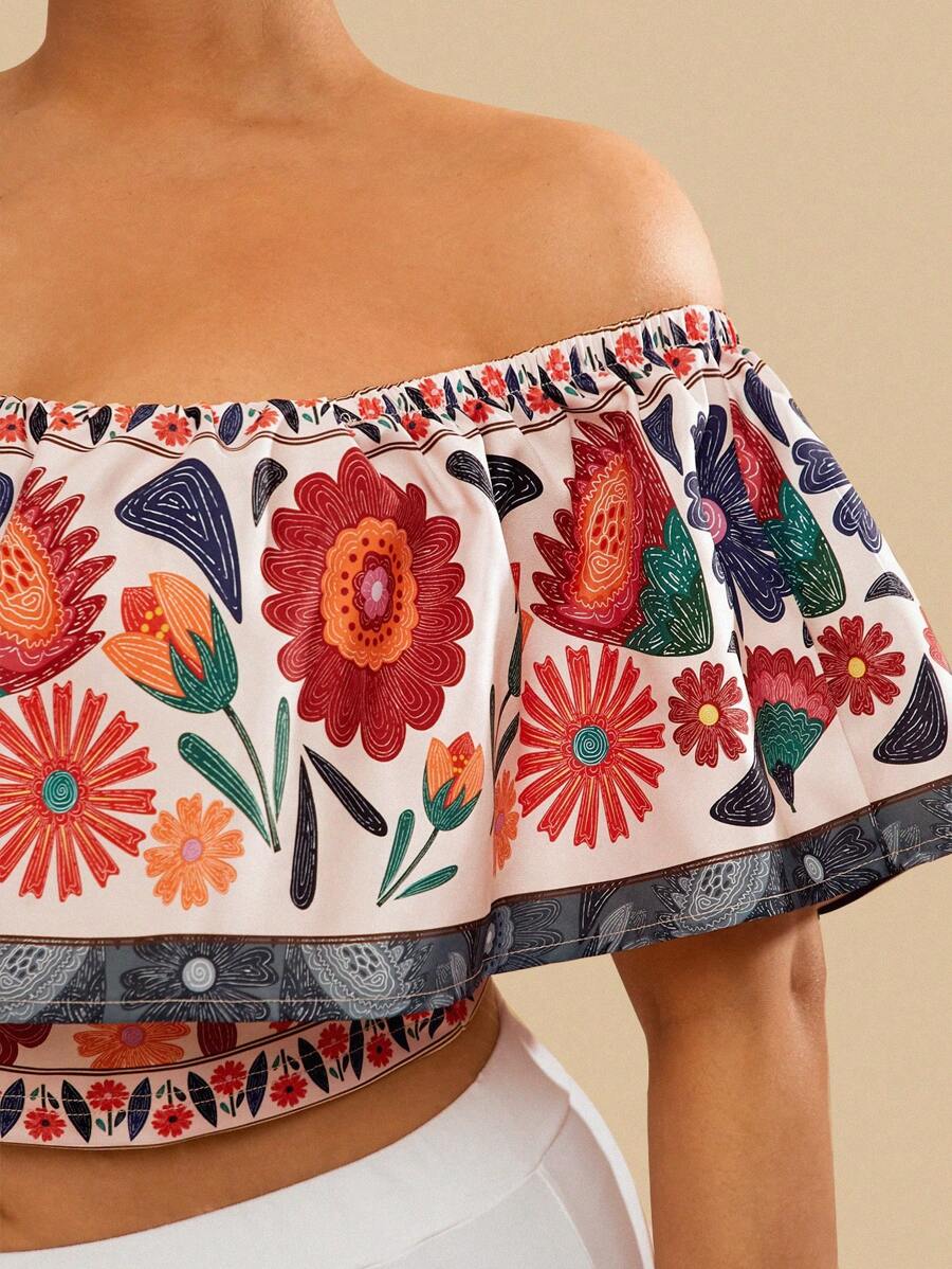 Travachic 大码休闲夏季海滩花朵印花露肩荷叶边短款女式上衣 - 彩色 - 查看 1