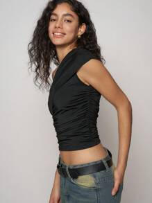 Easelle Women's Black Knit Ruched Slim One-Shoulder T-Shirt - Multicolor - View 6