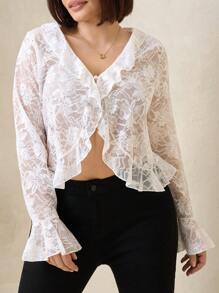 SHEIN Clasi 大码女式纯色长袖简约透明休闲上衣狂欢节老钱波西米亚风沙滩装度假音乐会女式热带度假女士乡村音乐会狂欢上衣夏季上衣 - 白色 - 查看 1