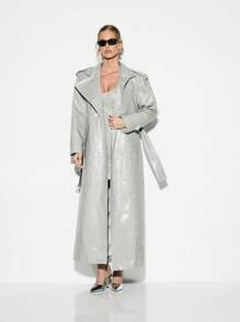 KIZN 设计师金属PU鳄鱼印花长风衣高级时尚背带大衣防水外套声明件 - 淺灰色 - 查看 6