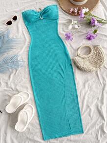 Soleia Vacation Women's Mint Green Knit Jacquard Texture Cropped Ruched Backless High Slit Dress,Summer Dress For Women,Beach Outfit For Women,Birthday Dress For Women,Western Wear Women,Easter Dress Women,Vacation Dress,Concert Outfit Women,Rave Outfit Festival,Pastel Dresses For Women