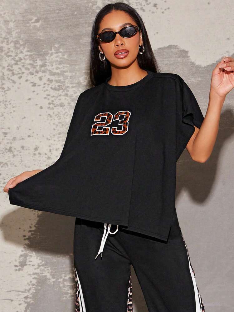 Vixey Leopard Number Patch Casual Self Tie Solid Jersey Poncho Shirt, Streetwear For Women, Casual Outfits, Leopard Print, Summer Tops - Black - View 4