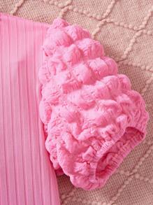 Tween Girls Pink Bubble Texture Short Sleeve Fitted Ribbed Fabric Elegant Dress - Pink - View 4
