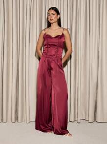 AiiRZ Scoop Satin Tie Shoulder Corset Top And Wide Leg Trouser Set - Red - View 1