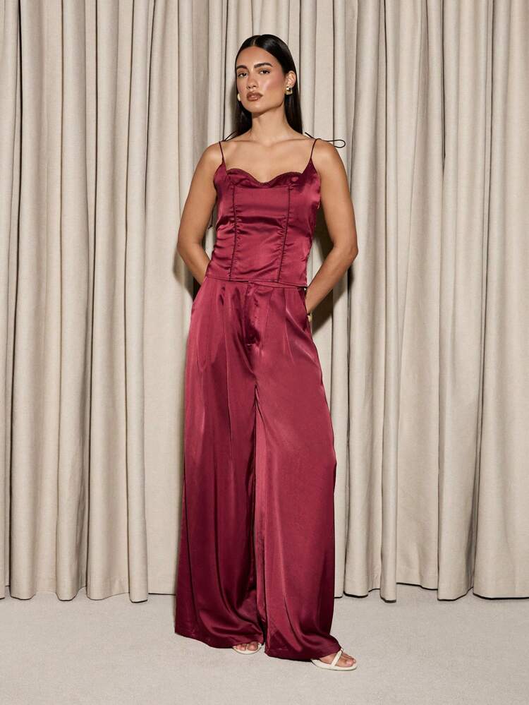 Scoop Satin Tie Shoulder Corset Top And Wide Leg Trouser Set