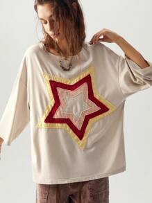 Bohemela 休闲纯色针织五角星刺绣图案圆领宽松大码短袖 T 恤