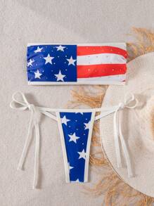 Swim Vcay Women's Stars & Stripes USA Flag Print 4th Of July Swimwear Bandeau Bikini Set For Summer Beach Vacation - Multicolor - View 3