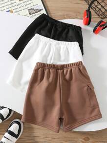 SHEIN 3pcs Young Boys' Casual Comfortable Pockets & Embellished Knit Shorts Set