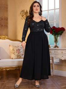 Modelyn Elegant Silver Foil Sweetheart Neck Long Sleeve Slim Fit Top And Elastic Waist A-Line Skirt 2 Pieces Set For Plus Size, Spring Autumn - Black - View 5