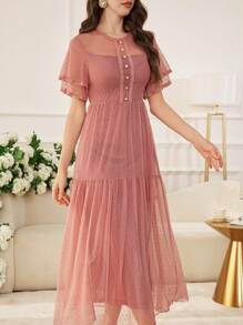 Modelyn Vestido acampanado elegante de mujer con parches de malla a lunares, volantes y botones de perla, para primavera/verano - Rosa - Ver 7