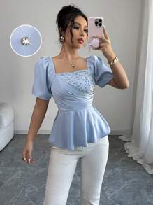 Elenzga Women's Elegant Beaded Detail Puff Sleeve Pleated Ruffle Hem Blouse - Blue - View 1