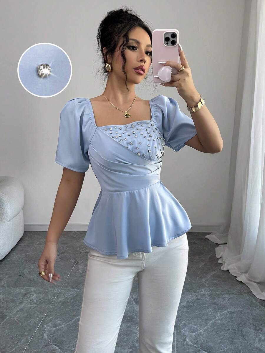 Elenzga Women's Elegant Beaded Detail Puff Sleeve Pleated Ruffle Hem Blouse - Blue - View 1