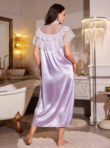 LuxeNights Lace Stitching High Collar Imitation Silk Ladies Long Nightgown - Lilac Purple - View 2