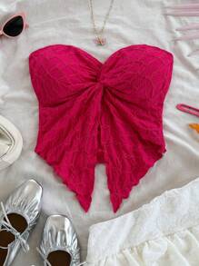 Soleia 女士度假玫瑰红色针织提花纹理扭纹前短款不对称下摆抹胸，90 年代，女士春夏，音乐节，女士西部装，女士海滩 - 玫紅色 - 查看 2