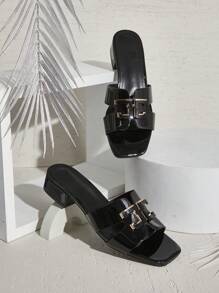 SHUZIA Women's Big Metallic Buckle Square Toe Low Block Heel Pu Black Thong Sandals-Luxury,Sleek & Comfortable Spring Shoes Spring Break Easter Prom Heels Wedding Shoes