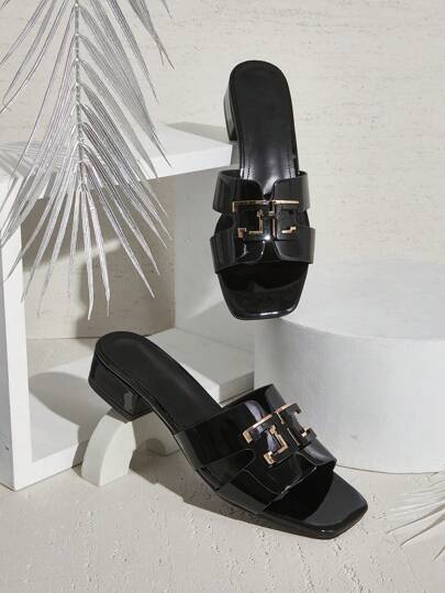 SHUZIA 女士大金属扣方头低跟粗跟 PU 黑色人字拖凉鞋 - 奢华、时尚、舒适春季鞋