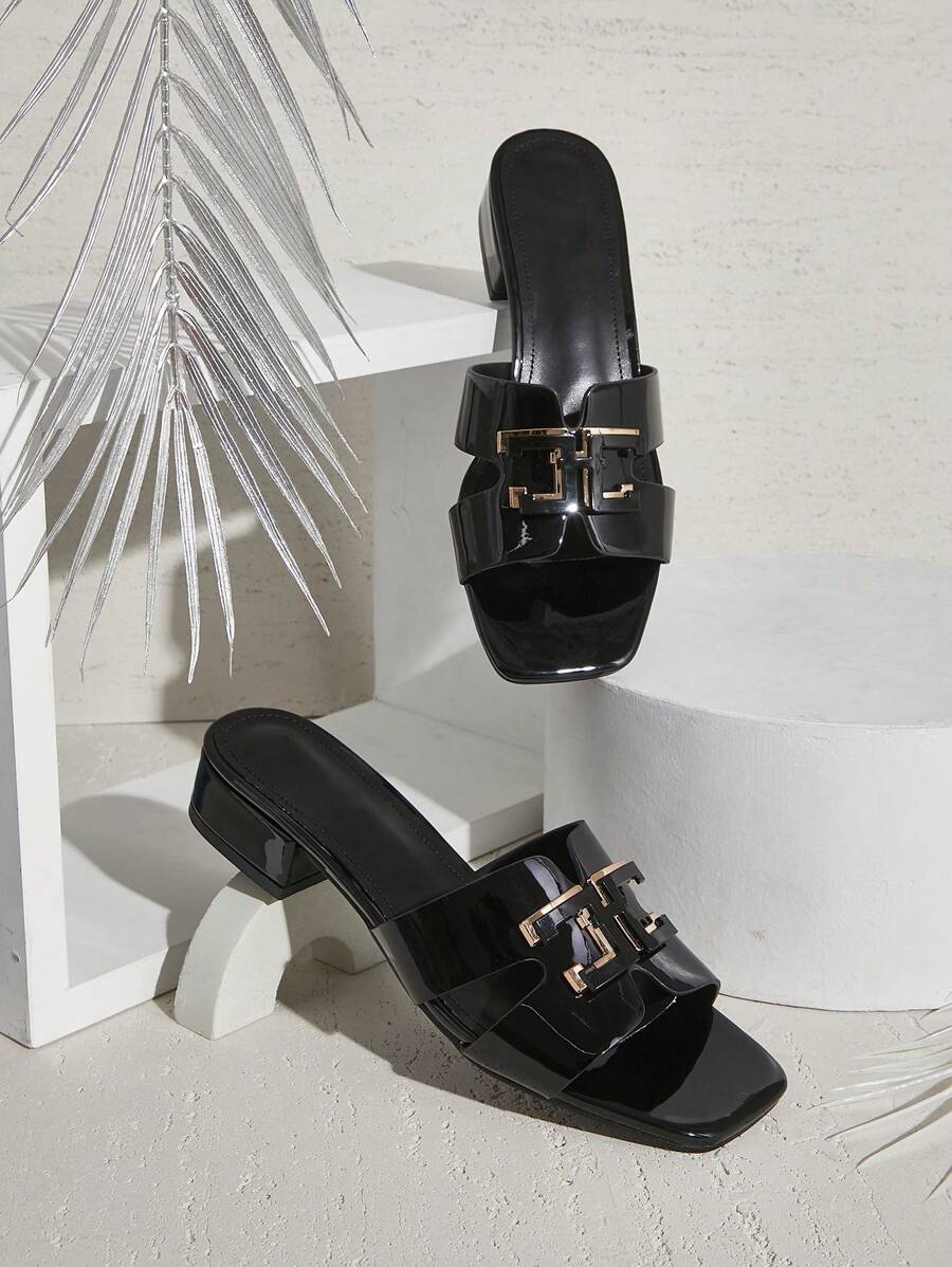 SHUZIA Women's Big Metallic Buckle Square Toe Low Block Heel Pu Black Thong Sandals-Luxury,Sleek & Comfortable Spring Shoes Spring Break Easter Prom Heels Wedding Shoes