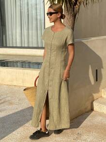 DAZY Women Textured Fabric Solid Color Round Neck Zip Up Long Dress Sundress,Casual Women Dresses,Teacher Outfits - Green - View 4