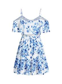 Ellevyn Women's Elegant Blue & White Floral Print Spaghetti Strap Ruffle Ruffle Trim Waist A-Line Short Dress, Spring/Summer,Pastel Dresses For Women - Multicolor - View 4