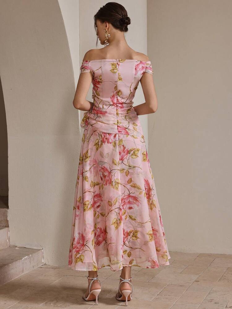 Women's Elegant Floral Party Chiffon Dress, Pink Midi Dress