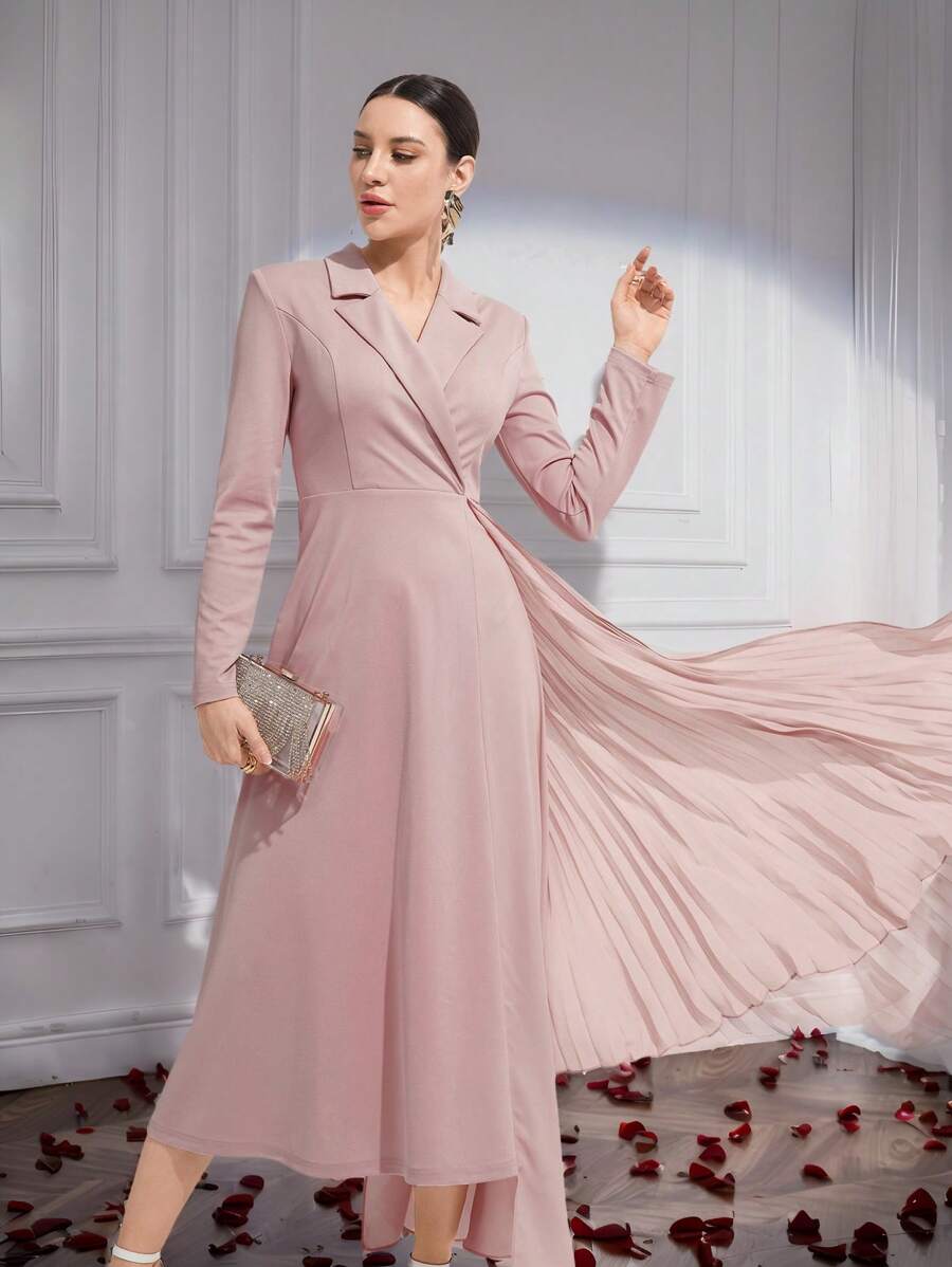 Modelyn Damen einfarbiges Kleid mit Hemdkragen, Langarm, schlicht, Lässig, elegant - Pink - Übersicht 1